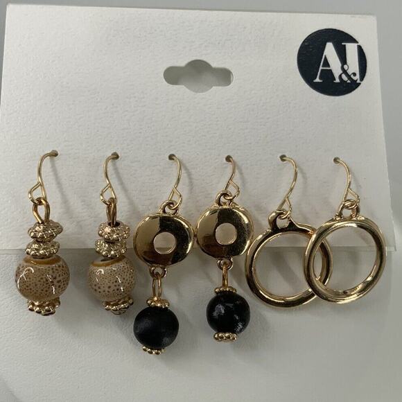 A&I Drop Earrings Fish Hook Wire Three Pair Gold-Tone Neutrals Fashion Jewelry - Picture 1 of 9